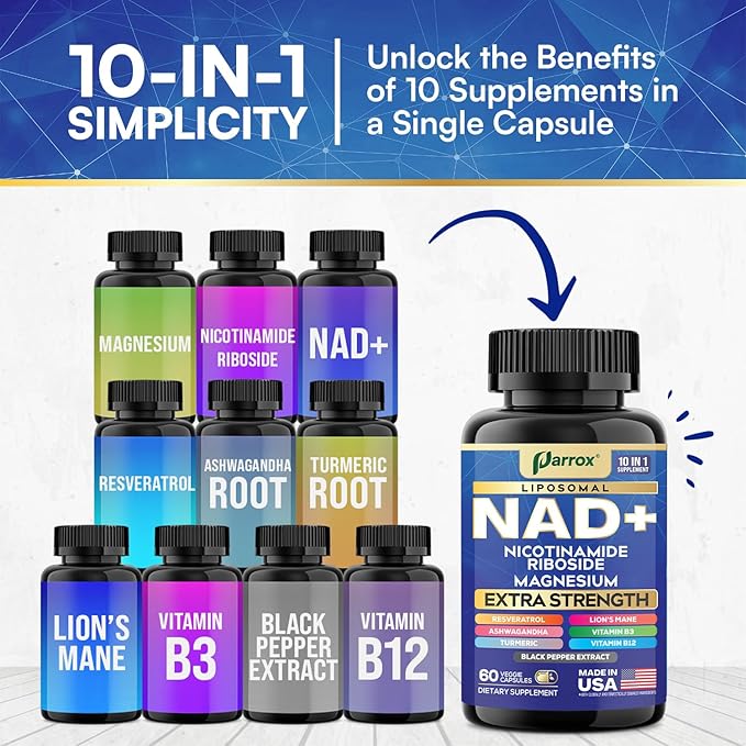 NAD+ Supplement with Liposomal NAD+ Nicotinamide Riboside Magnesium Vitamin B3 &amp B12 Resveratrol Turmeric Ashwagandha Lion’s Mane10-in-1 Extra Strength