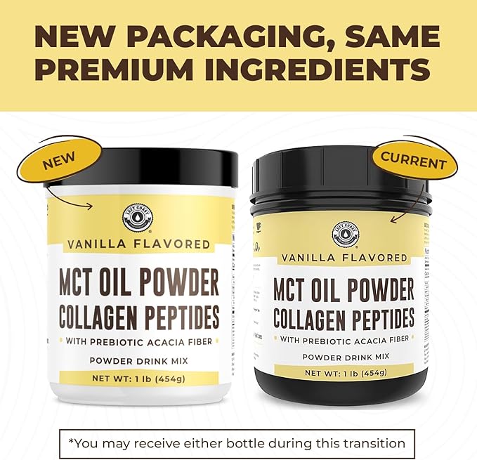 MCT Oil Powder with Acacia Fiber &amp Collagen Peptides – Prebiotic Collagen Protein 10g MCTs from Coconuts Sugar Free Keto Coffee Creamer – Grass Fed Vanilla Flavor Non-GMO Gluten Free 16 oz