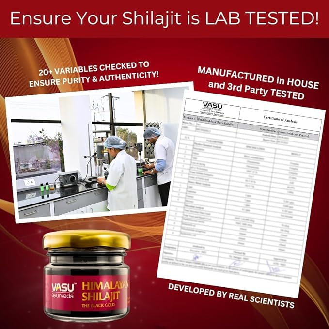VASU Ayurveda Himalayan Shilajit Resin 400mg – Lab Tested Natural Energy Booster with Fulvic Acid &amp 85+ Trace Minerals – Pure Shilajit for Men &amp Women – 50 Days Supply for Strength &amp Stami