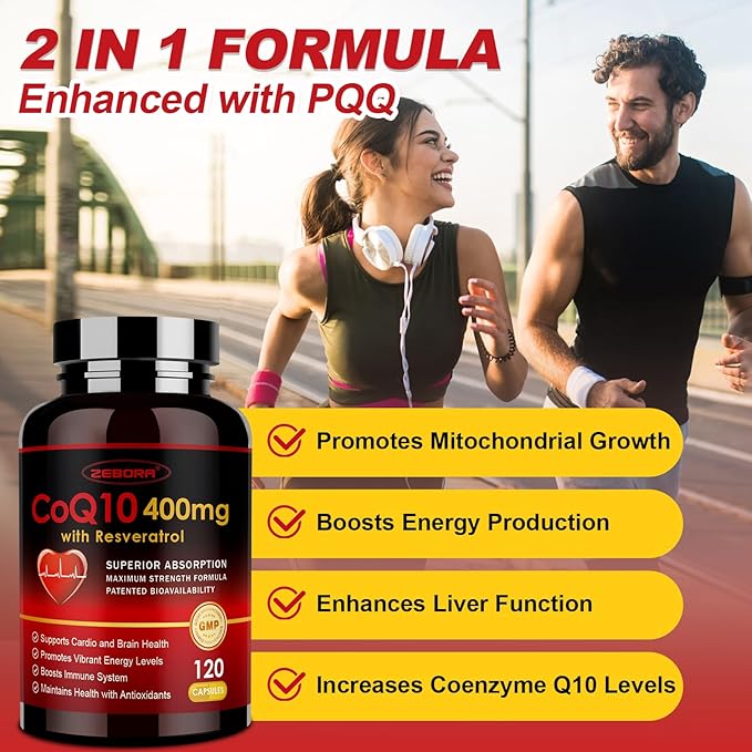 ZEBORA CoQ10-400mg with Trans-Resveratrol PQQ &amp Vitamin E - High Absorption Coenzyme-Q10 with BioPerine - Powerful Antioxidant for Heart &amp Energy-Production120 Veggie Capsules