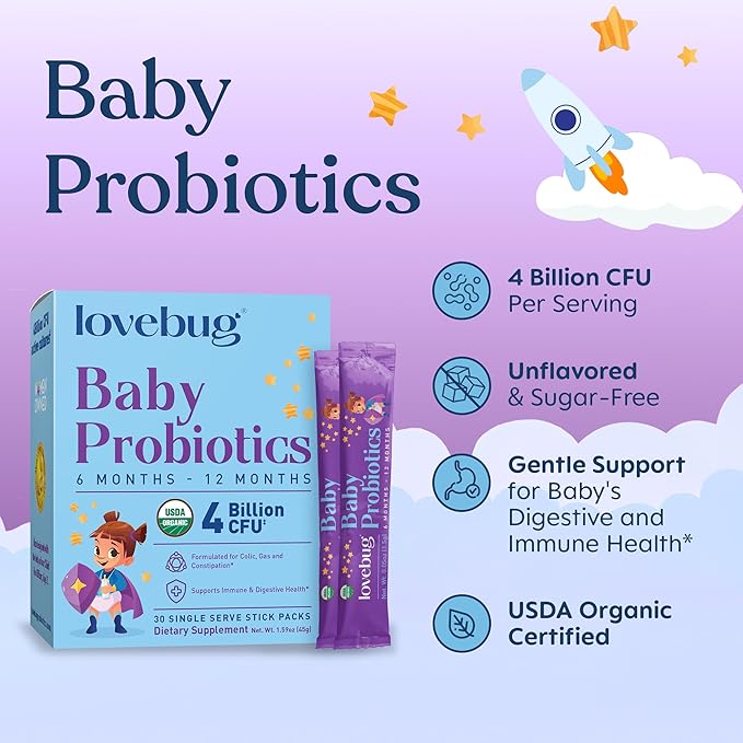 LOVEBUG Probiotics for Babies - Organic Baby Probiotics 6-12 Months for Baby Immune Support Gas Colic Diarrhea &amp Infant Constipation Relief Sugar-Free Tasteless Powder 30 Pack