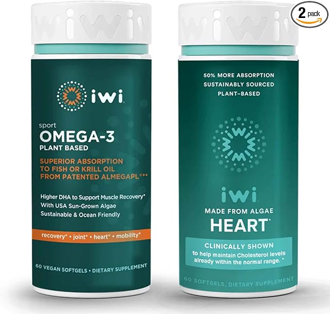 iwi Omega-3 Sport &amp Heart Omega-3 Bundle 30 Servings Vegan Plant-Based Algae Omega 3 Krill &amp Fish Oil Alternative No Fishy Aftertaste