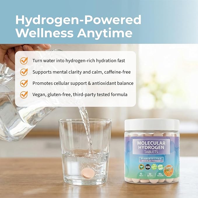 BODY C.E.O. Hydrogen Water Tablets with Magnesium | Molecular Hydrogen Tablet for Drinking Water | Support Energy Focus &amp Antioxidant Balance | Vegan &amp Gluten Free Supplement| 90 Count (Orange