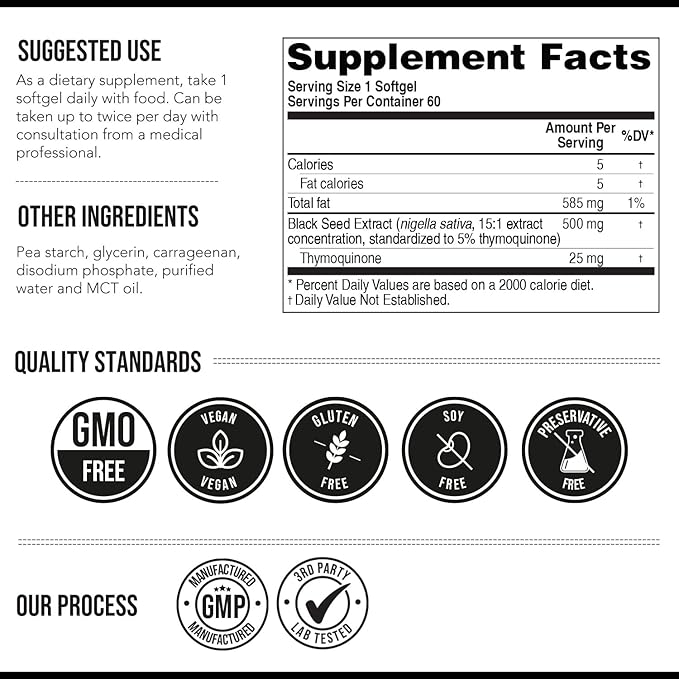 Black Seed Oil Softgels | 5% Thymoquinone - TQ-Advanced® | High Potency - 500 mg per Capsule - 15:1 Concentrate from Nigella Sativa Extract Raw Form Vegan Formula Glass Bottle (60 Softgels)