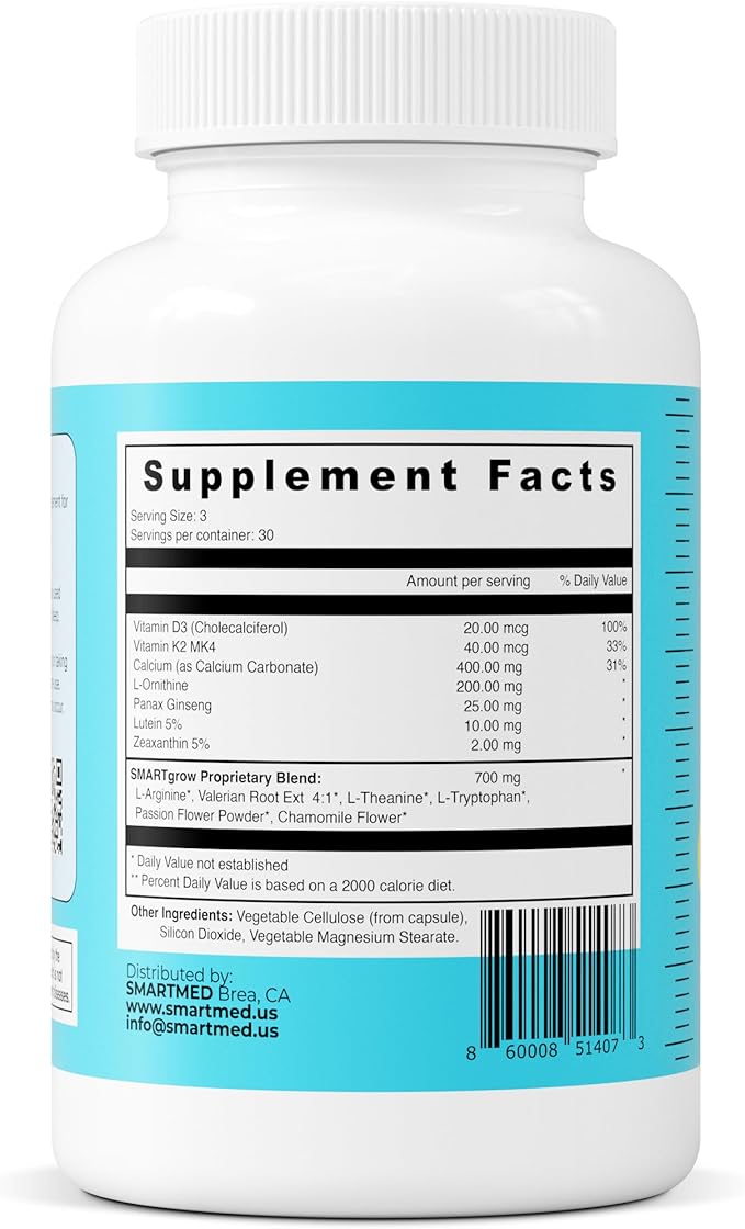 SmartGrow Premium Growth Formula for Teens – Bone Brain Sleep &amp Eye Support – Calcium Vitamin D3 Amino Acids – Daily Wellness Supplement (180 Capsules) – 3 Month Supply