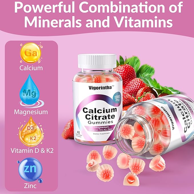 Calcium Citrate Gummies 1200mg with MagnesiumVitamin D3 K2 Calcium Supplements for Women &amp Men- Easy to Digest Vegan Gluten FreeSugar Free- Strawberry Flavor 120 Calcium Gummies