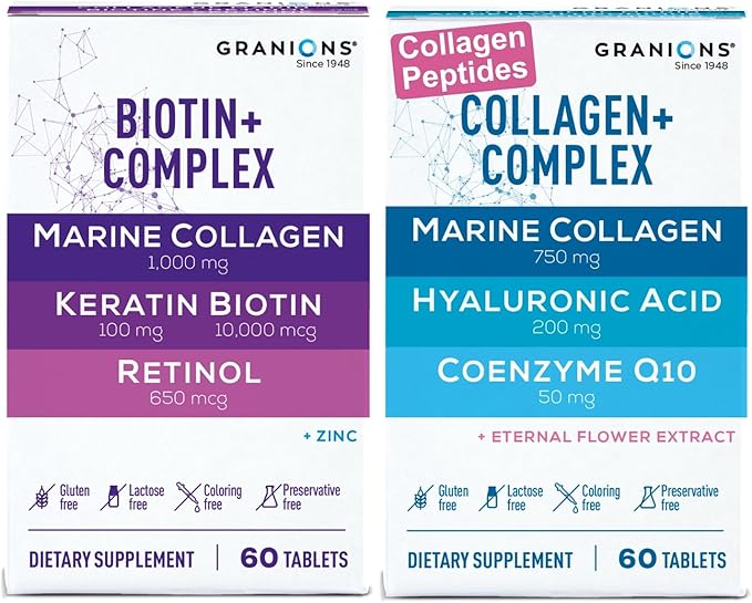 Granions Biotin Keratin Collagen Complex and Collagen Complex CoQ10 Hair Growth &amp Beauty Bundle