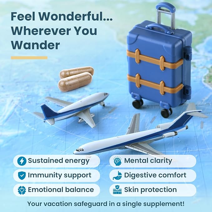 Natural Travel Pills - Traveling Supplement for Jet Lag Relief Digestion Immunity Energy Sleep Circulation - Vacation and Long Flight Essentials for Men and Women - 30 Day Supply