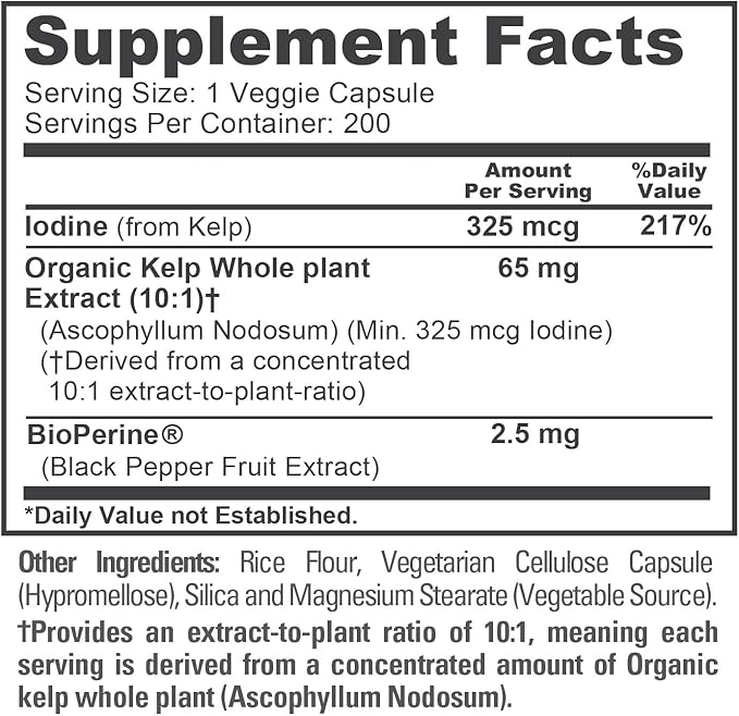 NusaPure Sea Kelp Natural Iodine Capsules 65 mg 200 Veg Capsules (Non-GMO Vegan)