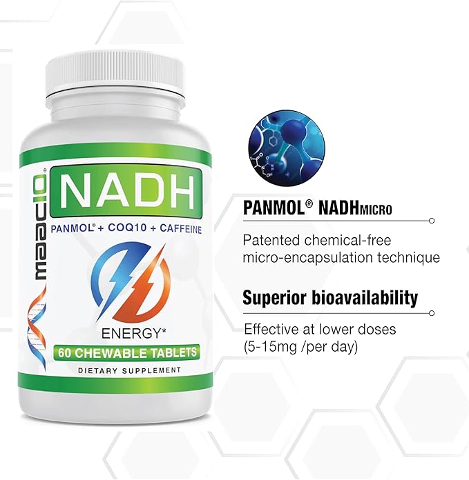 MAAC10 Energy Booster - with NADH Caffeine &amp Coq10 Fast Acting Chewable Tablets - Great for Fatigue Energy &amp Mental Focus.