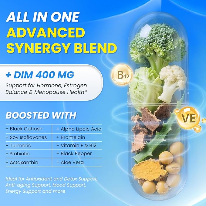 Lukaree DIM Supplement 400MG for Women - 12 in 1 Liposomal Dim Capsules- with Black Cohosh Soy Isoflavones &amp Alpha Lipoic Acid Vegan 120 Ct.