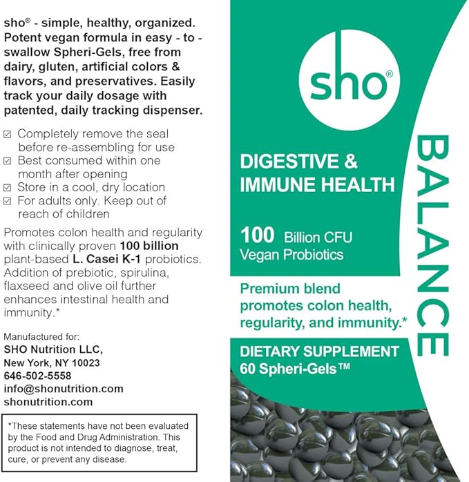 SHO Balance 100 Billion CFU Prebiotics &amp Probiotics for IBS Bloating Constipation Digestive Health Gut Health &amp Weight Loss Vegan Supplement for Women &amp Men with 2 Refill Bottles