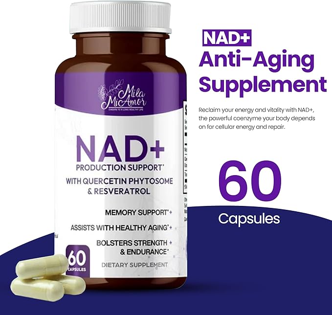 Mila Miamor NAD+ for Cellular Energy &amp Anti-Aging Supplement| Boost Focus Vitality &amp Mitochondrial Function | Supports DNA Repair Brain Health &amp Endurance | Non-GMO Gluten-Free | 60 Cap