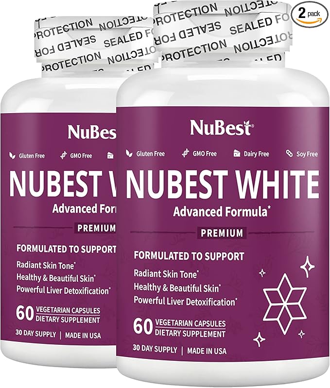 NuBest White - Skin Whitening Supplement Supplement for Anti Aging with Glutathione Vitamin C E B2 Milk Thistle Extract Green Tea Extract for Lightening and Brightening | Pack 2