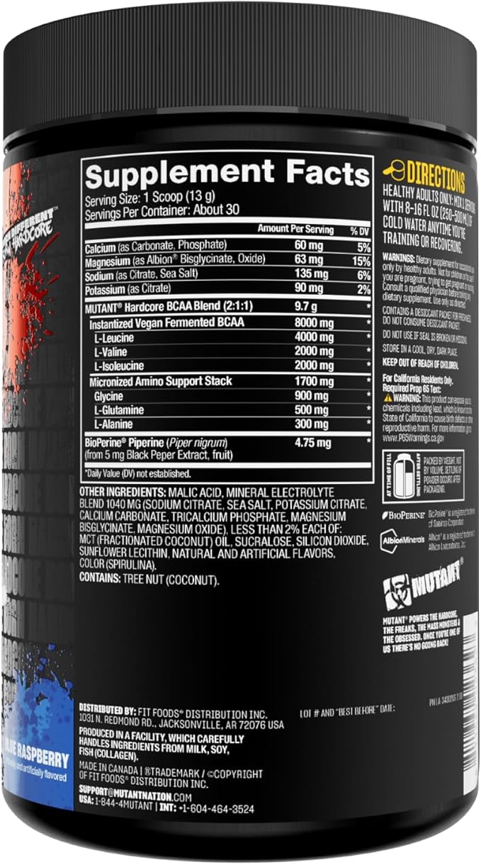 Mutant Hardcore BCAA - Pre Intra or Post Workout – BCAA Next Level branched-Chain Amino Acids Supplement – Hydration + Recovery - 30 Serving - Blue Raspberry