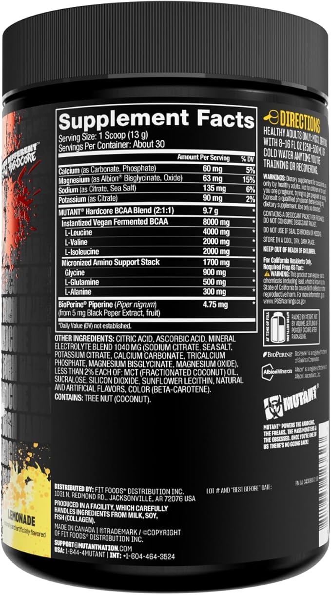 Mutant Hardcore BCAA - Pre Intra or Post Workout – BCAA Next Level branched-Chain Amino Acids Supplement – Hydration + Recovery - 30 Serving - Lemonade