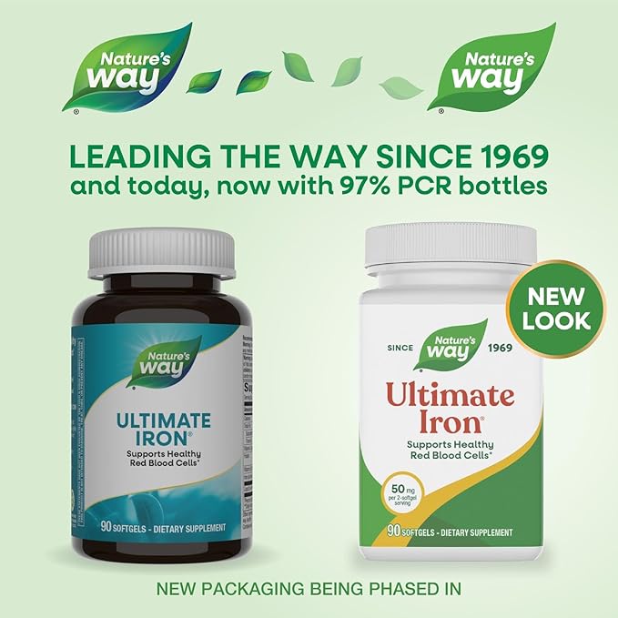 Nature’s Way Ultimate Iron Supports Healthy Red Blood Cells* Supports Cellular Energy Production* 50 mg per 2-Softgel Serving Gluten-Free 90 Softgels (Packaging May Vary)