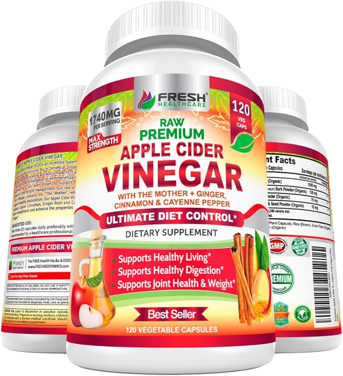 FRESH HEALTHCARE Apple Cider Vinegar Capsules with The Mother - 1740mg Non-GMO Gluten Free ACV Complex with Ceylon Cinnamon Ginger &amp Cayenne for Digestion Support &amp Healthy Living - 120 Vegan