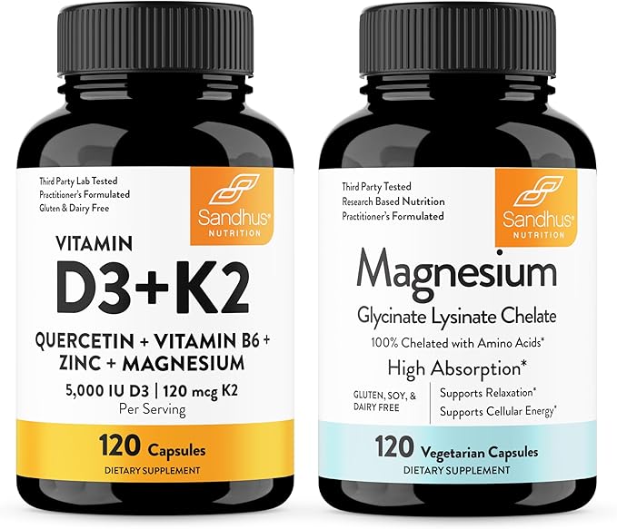 Sandhu's Vitamin D3 K2 with Quercetin &amp Magnesium Glycinate Lysinate Capsules | Support Quality Sleep Immune &amp Muscle Health