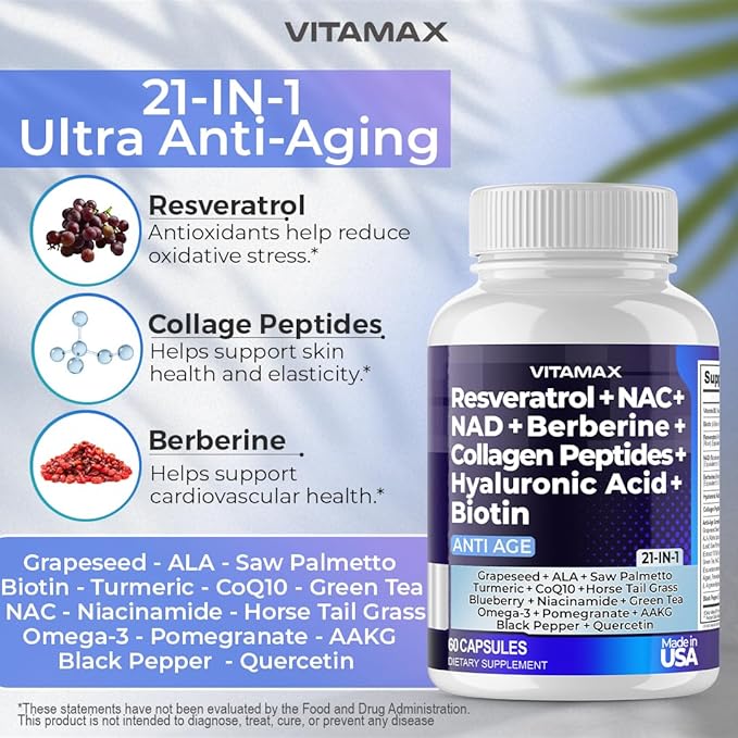 Vitamax Resveratrol NAD+ Berberine Hyaluronic Acid - Biotin Grape &amp Blueberry + NAC - Collagen Peptides - Hair Nail Skin &amp Joint Supplement - 21-in-1 Women and Men - Made in USA - 120 Count