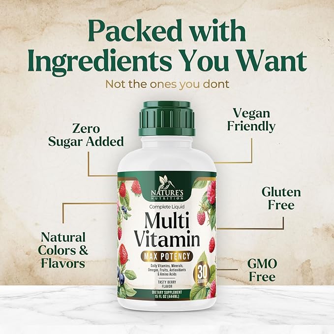 Liquid Multivitamin - Sugar Free Daily Multi Vitamin for Women Men &amp Kids Vitamins A C D B-12 Biotin &amp Zinc - Supports Faster Hair Growth &amp Skin Wrinkles Vegan Non-GMO Berry Flavo