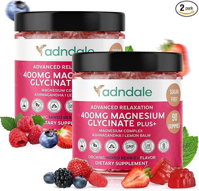 Adndale 180 CT Magnesium Glycinate Gummies 400 mg/Serv with Ashwagandha Magnesium Malate &amp Taurate Sugar Free Chews for Adults &amp Kids