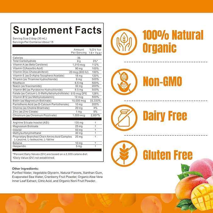 Liquid Multivitamin for Hair Growth | Biotin 10000mcg | Hair &amp Skin Support Supplement | Clinically Tested for Thicker Hair &amp Skin Elasticity | Suitable for Women &amp Men Ages 18+ | 15.22 F