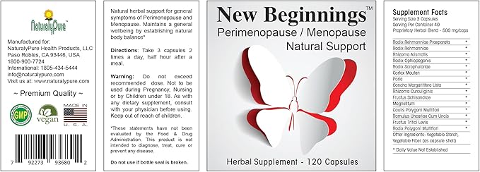 New Beginning Perimenopause/Menopause. Natural Support for Hot Flashes Night Sweats Cramps Mood Swings Irritability Low libido Vaginal Dryness Bloating Weight gain. 120 Vegan Capsules.