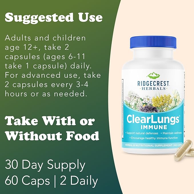 RidgeCrest Herbals ClearLungs Immune Lung Support Supplement with Elderberry Zinc Vitamin C Vitamin A Olive Leaf Mullein Lung Wellness Formula for Respiratory Health (60 Vegan Caps 30 Serv)