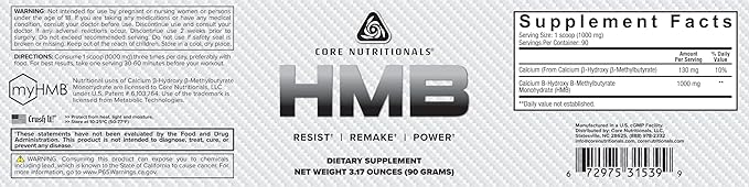 Core Nutritionals HMB (Beta-Hydroxy Beta-Methylbutyrate) | Recovery Support | Increase Power Output &amp Reduce Muscle Breakdown | 90 Servings (Unflavored)