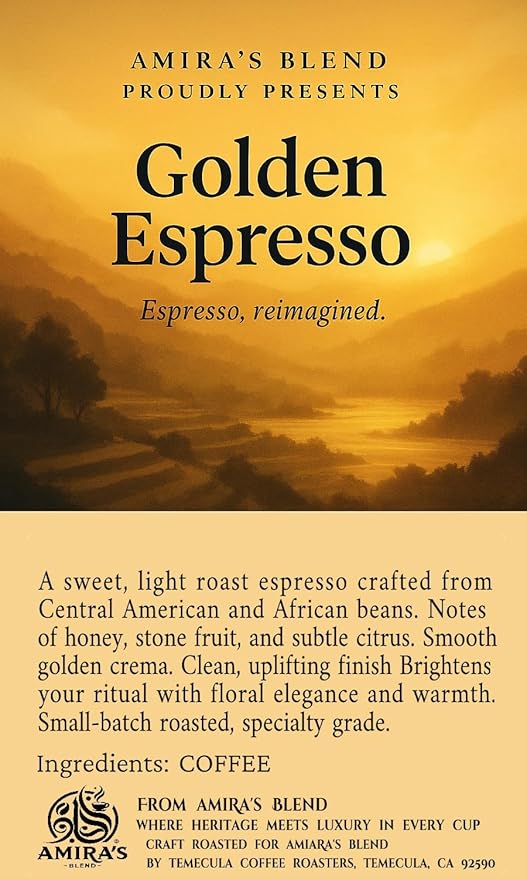 Amira’s Golden Espresso – Light Roast Sweet Espresso Blend Specialty Grade Freshly Roasted Always – Espresso Reimagined (Coarse Ground 12oz)