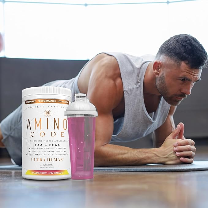 Ultra Human Amino Code | Essential Amino Acids + BCAAs + Coconut Water Electrolytes | Fast Hydration Amino Energy Powder Drink | 40 Servings - Raspberry Lemonade