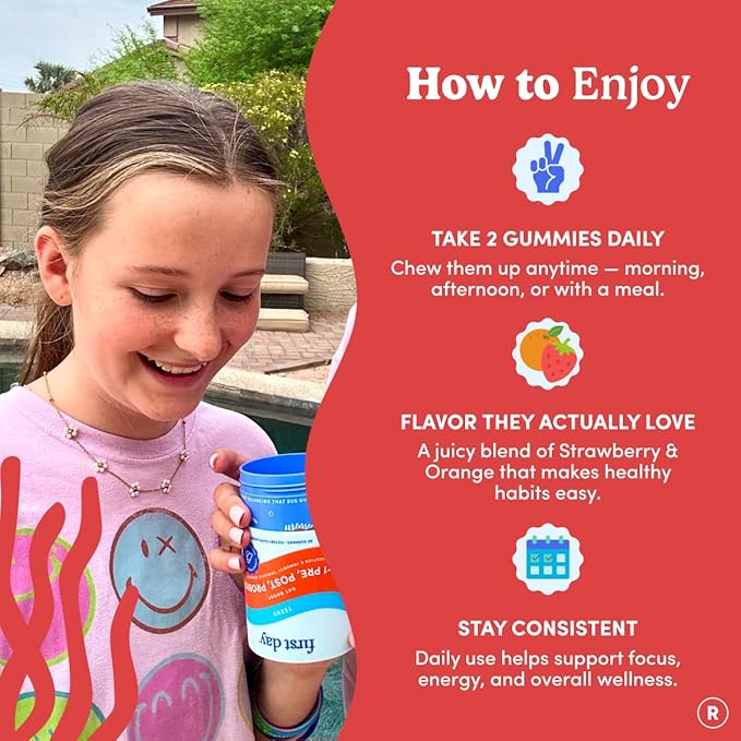 FIRST DAY Teens’ Gut Sustainer Tribiotic Gummies – 3-in-1 Prebiotic Probiotic &amp Postbiotic Supplement – Supports Digestive Skin Oral &amp Immune Health Nutrient Absorption &amp Growth – 60-D