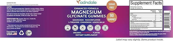 Adndale 90CT Magnesium Glycinate Gummies. Sugar Free Chews for Adults &amp Kids. Raspberry Flavour