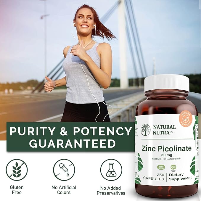 NNatural Nutra Zinc Picolinate 30 mg Double Strength Raw and Pure Highly Bioavailable Supplement for Growth &amp Immune Support Decrease Common Cold and Support Metabolic System 250 Capsule (2 Pa