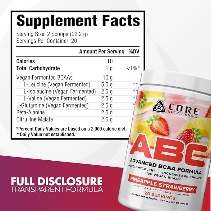 Core Nutritionals ABC Advanced BCAA Supplement | Amino Acid Recovery Blend | with Glutamine Beta Alanine Citrulline Malate | 20 Servings (Patriot Pop)