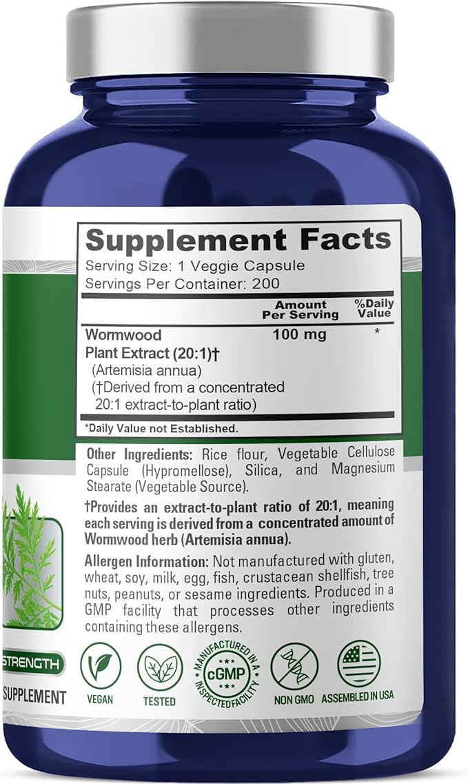 NusaPure Wormwood Capsules 100 mg 200 Veg Capsules (Non-GMO Vegan)