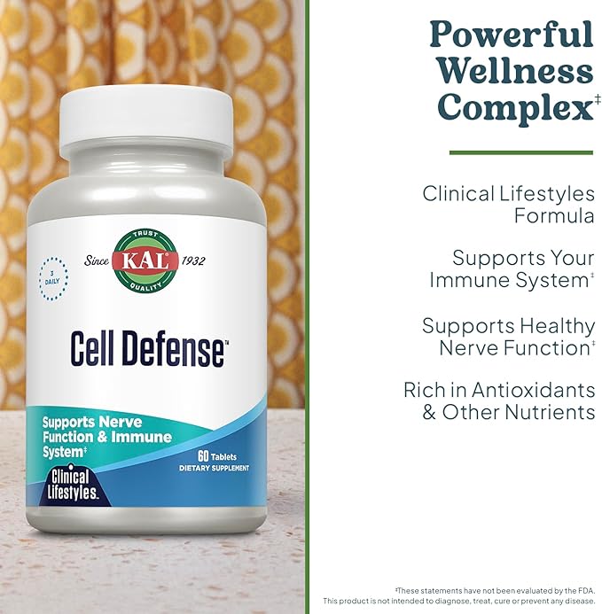 KAL Cell Defense Tablets - Mushroom Complex Supplement for Women &amp Men Beta Carotene Vitamins C E &amp B-12 Organic Reishi Maitake &amp Shiitake Blend Cellular Wellness Booster for Adult