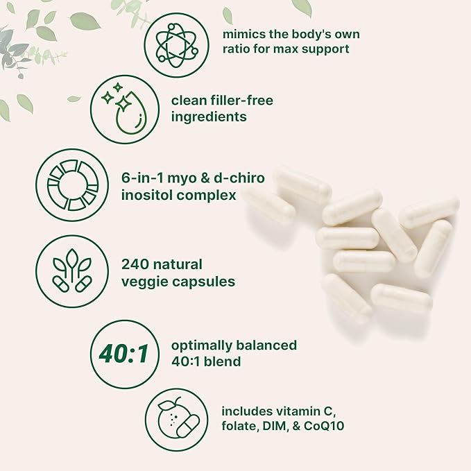Myo-Inositol &amp D-Chiro Inositol 2050mg | 240 Veggie Capsules + Vitamin C Folate DIM &amp CoQ10 | Inositol Supplement for Women | 40:1 Ratio | Hormonal Balance &amp Ovarian Support | Filler F