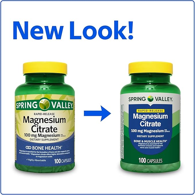 Spring Valley Rapid-Release Magnesium Citrate Bone Health Dietary Supplement Capsules 100 mg 100 Count + SUREFECT Organizer.