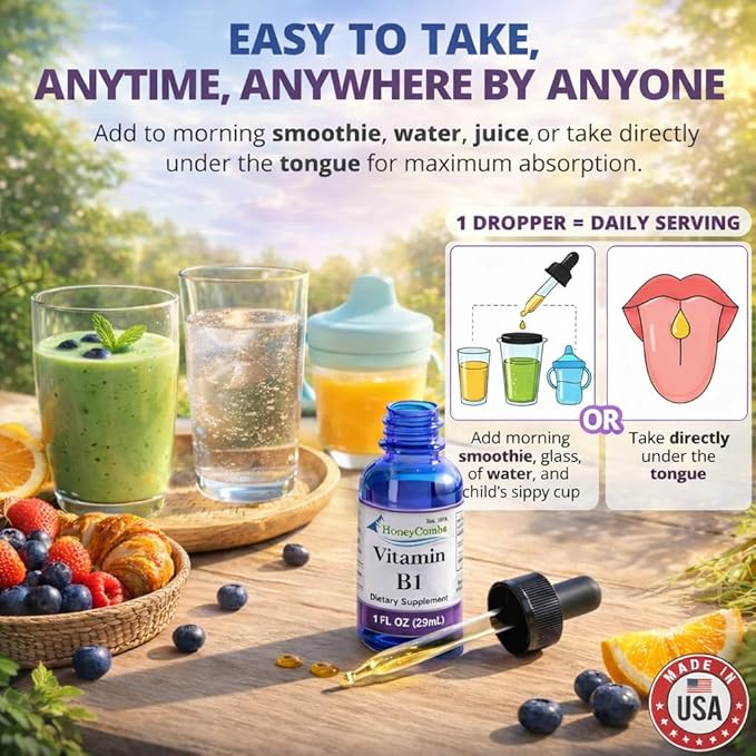 Vitamin B1 (Thiamine) Drops - High Potency Thiamine Vitamin B1 Extract - Vegan Alcohol-Free Non-GMO Vitamin Liquid - Maintain Nervous System Health Support Digestion &amp Boost Energy 1 Fl Oz.