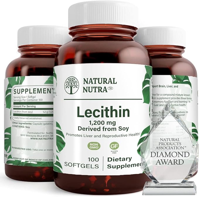 Natural Nutra Soy Lecithin 1200 mg Dietary Supplement - Brain Function Liver Health Hepls Breast Health Memory Boosting Supplement - Gluten-Free BPA-Free 100 Softgels in Recyclable Glass Bottles