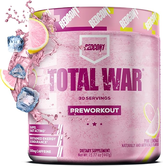 REDCON1 Total War Pre Workout - Beta Alanine + Citrulline Malate Keto Friendly Preworkout for Men &amp Women with 320mg of Caffeine - Fast Acting - Pink Lemonade (30 Servings)