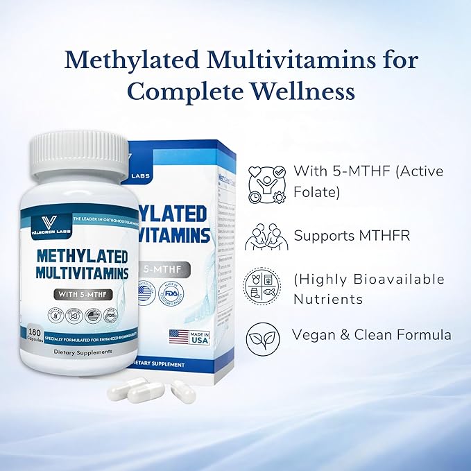 Methylated Multivitamin – Active Folate (5-MTHF) with Methyl B12 B2 B6 &amp B Vitamins – Supports Methylation &amp Healthy Homocysteine Levels – Bioavailable Formula for Men &amp Women – 180 Day