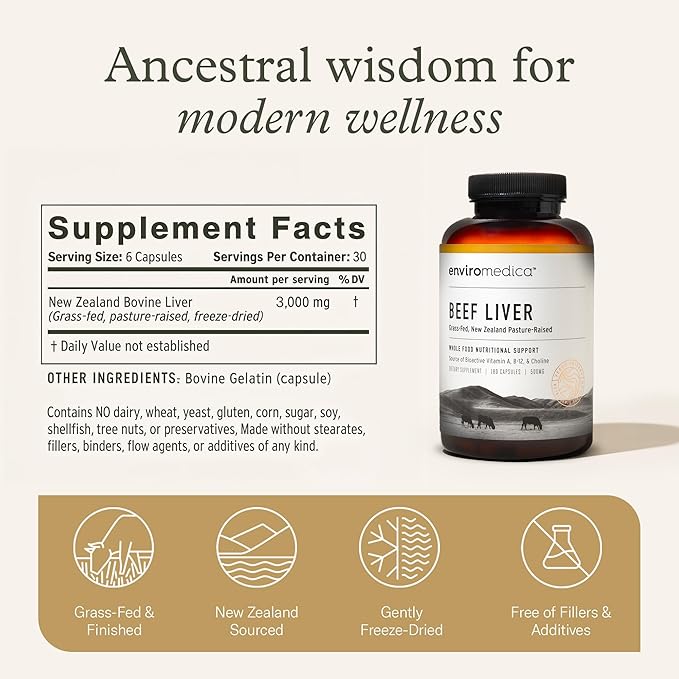 Enviromedica Grass Fed Beef Liver Capsules - Freeze Dried Liver Supplement for Men &amp Women with Preformed Vitamin A Pastured &amp Grassfed New Zealand Bovine Beef Organ Meat180 Pills
