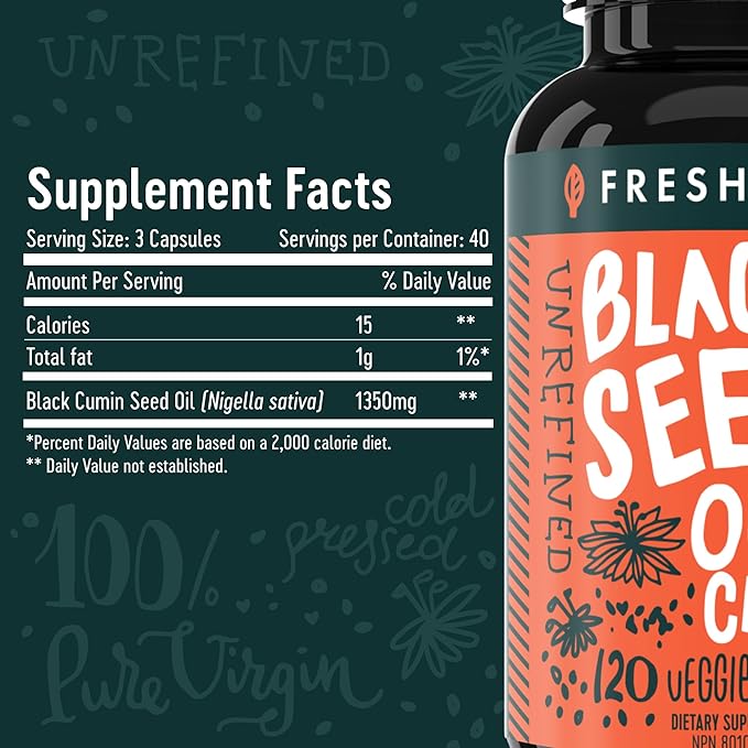 Freshfield Black Seed Oil: Thymoquinone Premium (Black Cumin Seed Oil Nigella Sativa) | Cold Pressed | Vegan | Ultra Strength | Pure and 100% Natural. (120 Capsules)