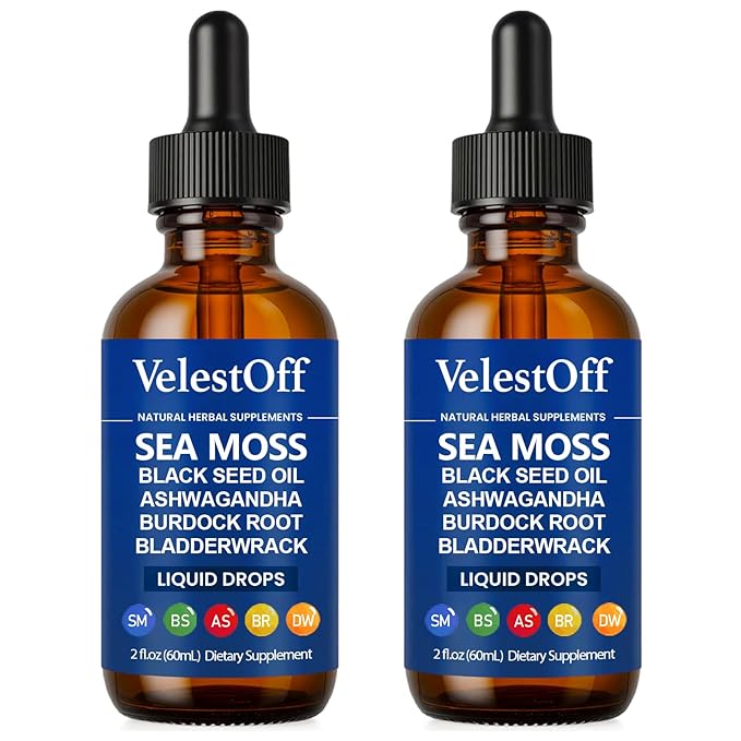 Irish Seamoss Thyroid Hormone Regulator Velestoff Thyroid Support Drops | Sea Moss Black Seed Oil Ashwagandha Burdock Root Bladderwrack Hormone Balance &amp Support - 2 FL.OZ (2 Pcs)