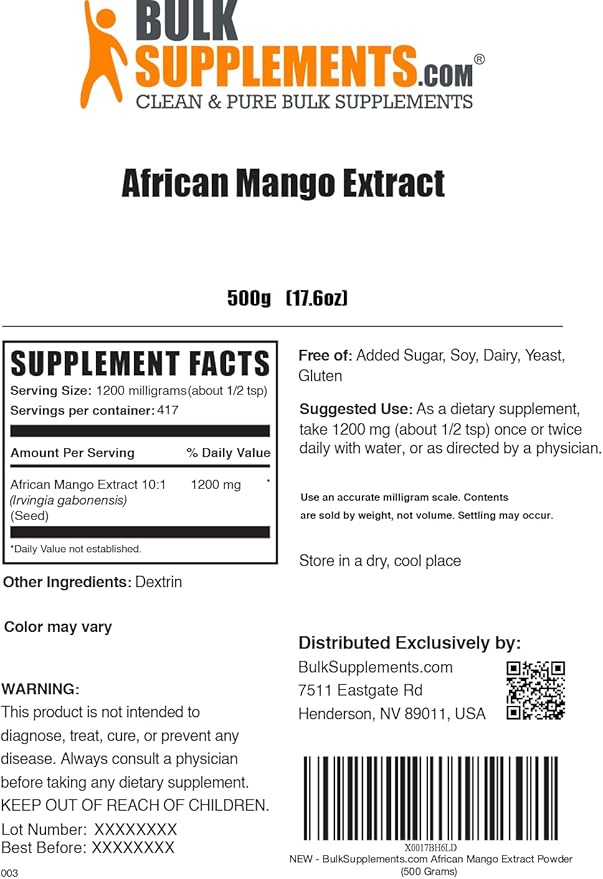 BulkSupplements.com African Mango Extract Powder - Irvingia Gabonensis African Mango Powder - Gluten Free 1.2g per Serving 500g (1.1 lbs) (Pack of 1)