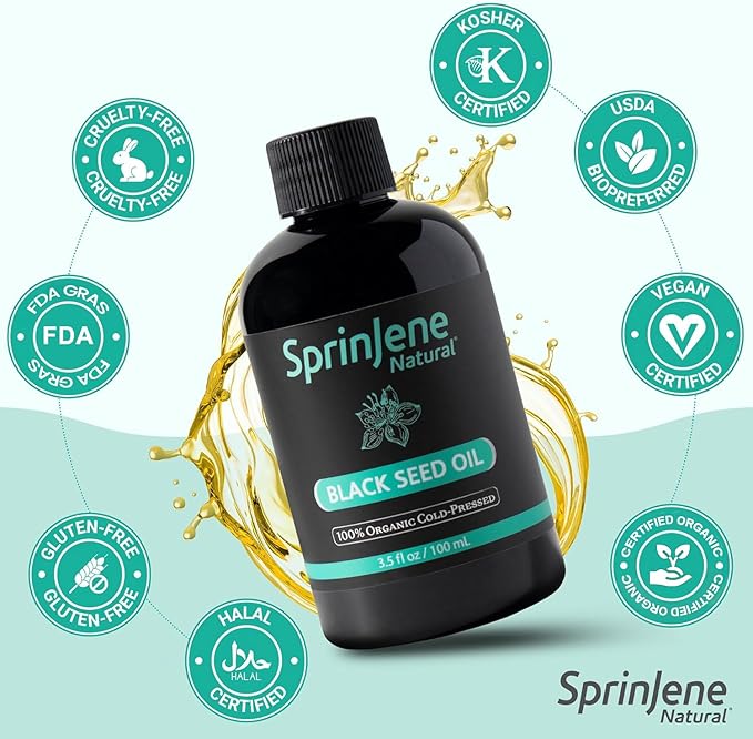 SprinJene Natural® 100% Pure Organic Black Seed Oil Cold Pressed for Oral Wellness Nigella Sativa Black Seed Oil Black Cumin Seed Oil Organic Omega 3 6 9 Nourishes Skin Supports Joint 3.5fl 2pk