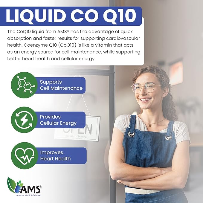 America Medic &amp Science CoQ10 100mg (125 ml) | Liquid Coenzyme Q10 | Dietary Supplement for Men and Women | with Vitamins E B3 B6 B12 and B5 | Promotes Cellular Energy and Better Heart Health